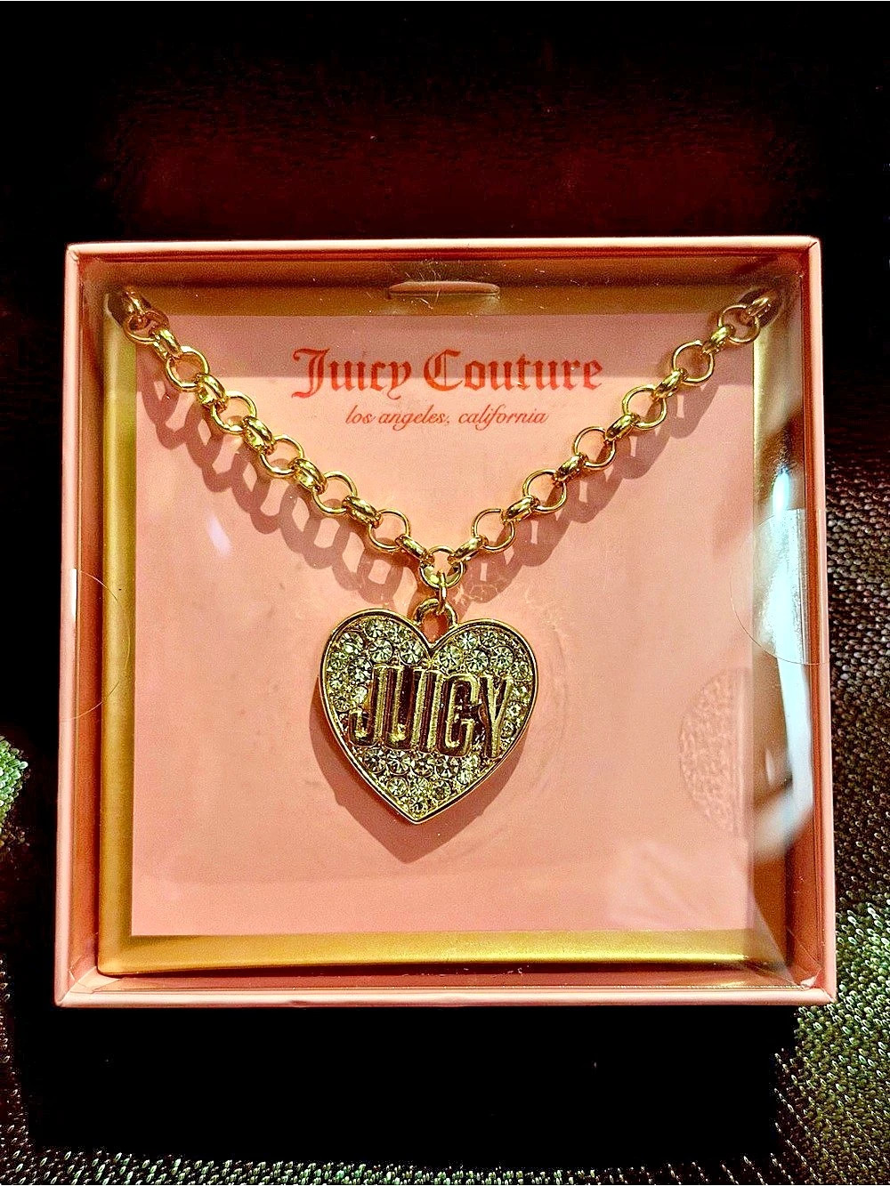 Juicy Couture Gold-Tone Pavé Heart Pendant Necklace, Gold & Pink